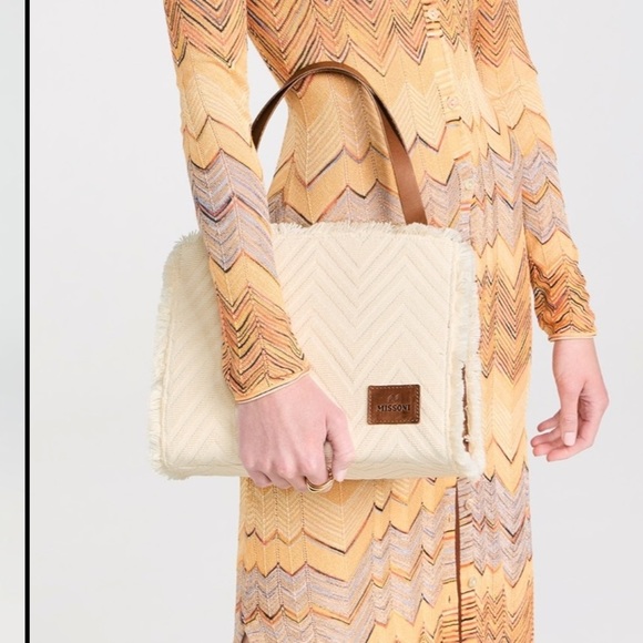 MISSONI Chevron-pattern small cotton-blend tote bag purse luxury vacation - Picture 3 of 16